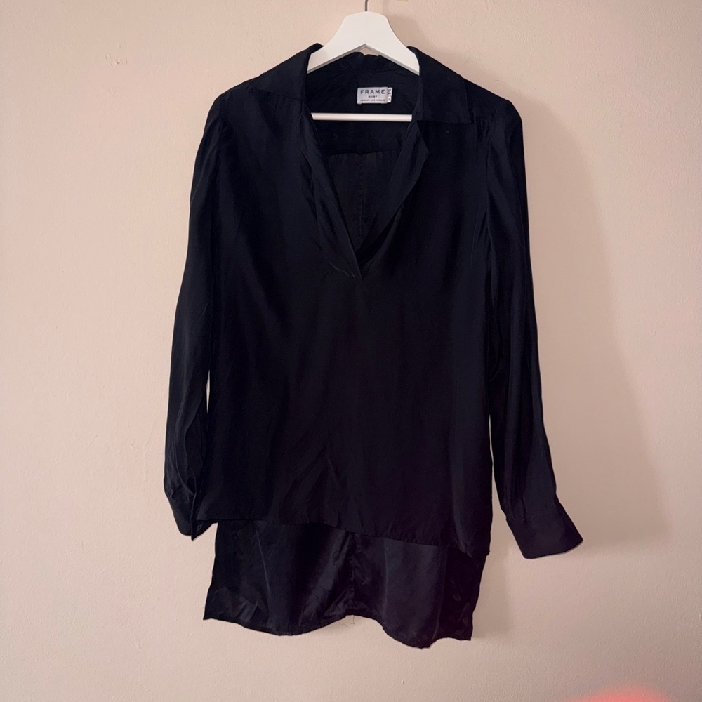 Frame Denim Silk Black Long Sleeve Blouse